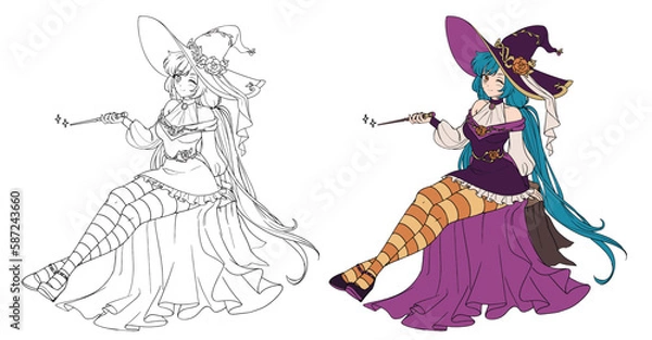 Fototapeta Anime witch sitting on stump holding wand.