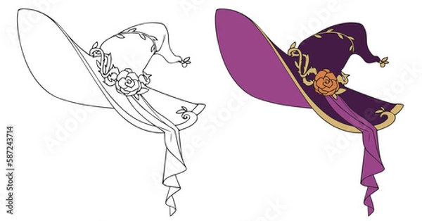 Fototapeta Halloween witch hat set, vector hand drawn