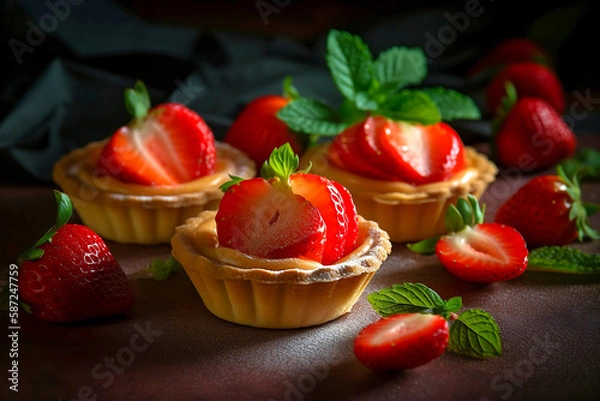 Fototapeta Strawberry tartlet pastries topped with fruits. Generative AI
