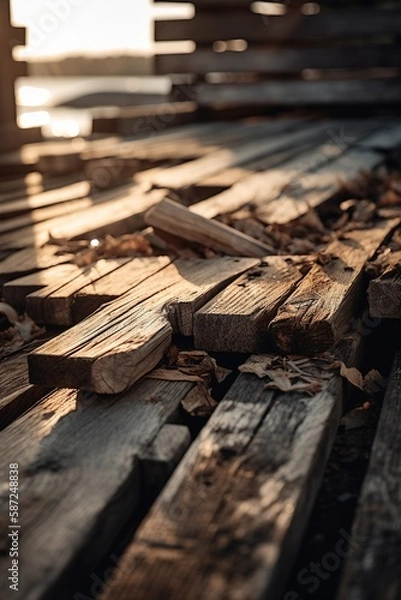 Obraz Old wooden pier on the beach at sunset. Selective focus. Toned.Generative Ai