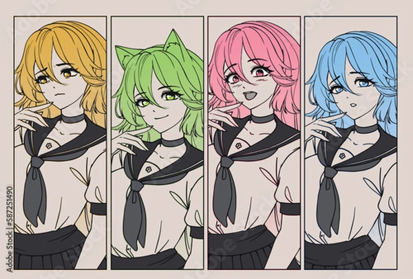 Fototapeta Anime manga school girls set. Monochrome palette