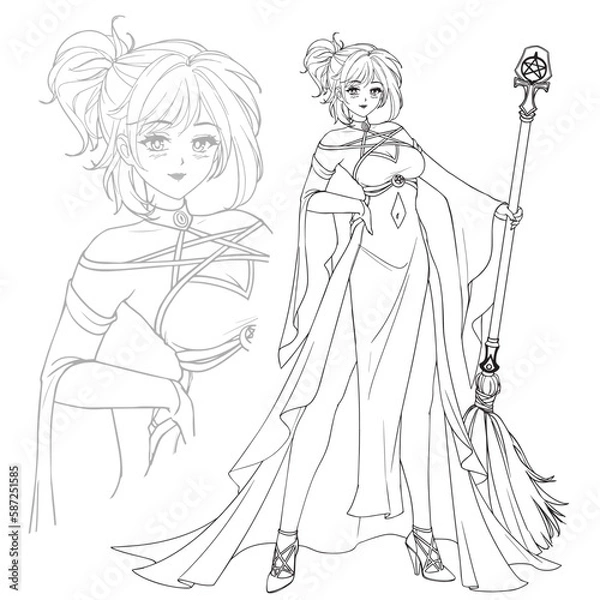 Fototapeta Anime manga full body witch holding broom.