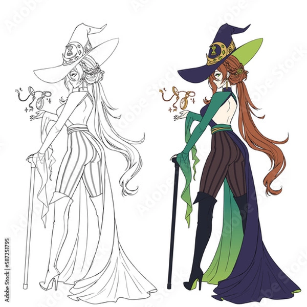 Fototapeta Anime manga full body witch holding cane