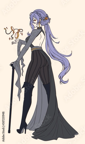 Fototapeta Anime manga full body sorceress holding cane wearing big boots