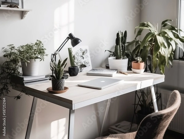Fototapeta A minimalist and modern desk setup with a laptop and plants