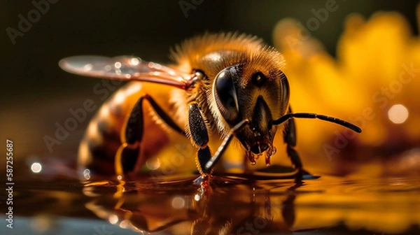 Fototapeta A bee drinks water from a puddle
