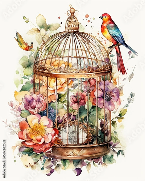 Obraz bird in cage with flowers