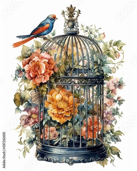 Obraz bird in cage with flowers