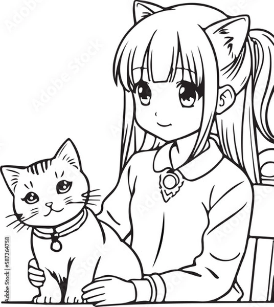 Fototapeta Anime girl play with kitten, vector coloring for children.