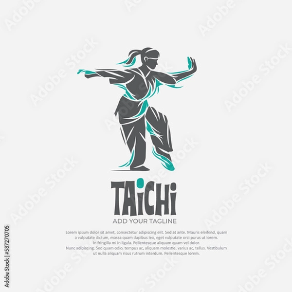 Fototapeta Silhouette of person with tai chi gesture position vector draming.Suitable for martial arts logo and illustration