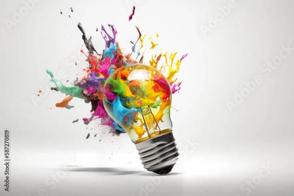 Fototapeta Creative brainstorming mindset concept, classic light bulb filled with colorful ideas, creative idea generation, generative AI