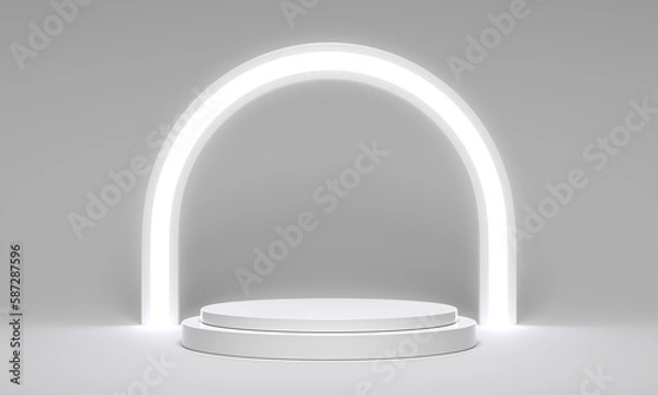 Obraz Three white cylinder podiums on a light arch background, white geometric, round realistic pedestal, cosmetic showcase, template, copy space, advertising, product display, 3D Rendering