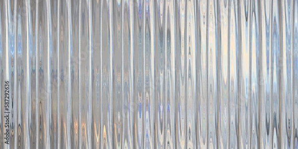 Obraz Seamless iridescent silver holographic chrome foil vaporwave background texture pattern. Trendy pearlescent pastel rainbow prism effect. Corrugated ribbed privacy glass refraction 3D rendering..