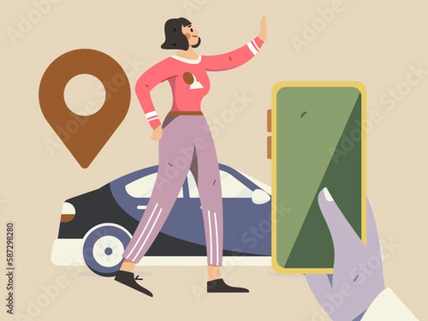 Fototapeta Flat vector concept operation hand-drawn illustration of people taking a taxi
