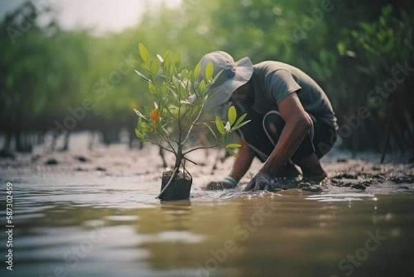 Fototapeta Restoring the Coastline: Community Engagement in Planting Mangroves for Environment Conservation and Habitat Restoration on Earth Day, Promoting Sustainability. Earth day