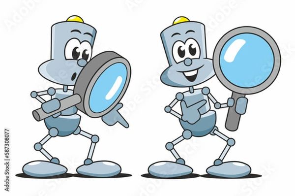 Fototapeta Cartoon Bots mit Lupe suchen und finden die Lösung