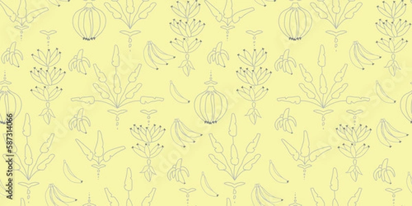 Fototapeta tropical banana pattern seamless vector with banana leaves and floral elements yellow and grey for background, surface design textile and fabric