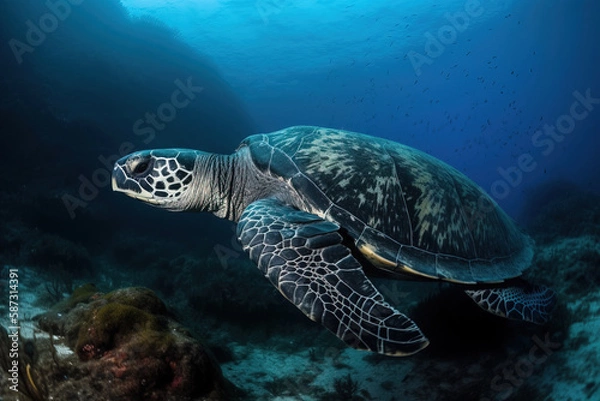 Obraz image of a hawksbill turtle swimming under the sea. underwater animals. illustration, generative AI.