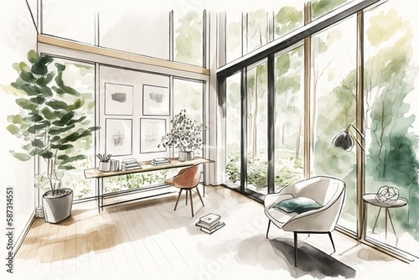 Fototapeta The use of natural light in interior design is essential for creating a comfortable and inviting space, as shown in this modern interior design with large windows and light colors.