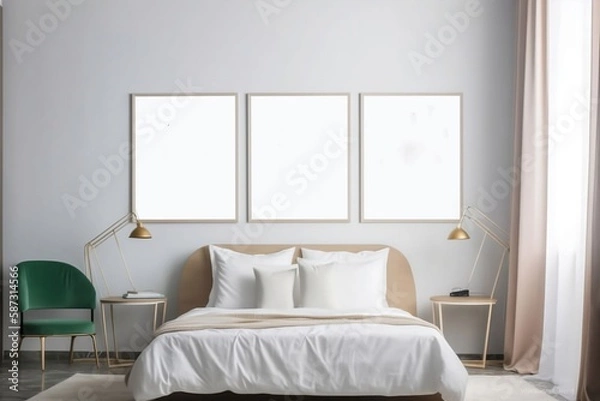 Fototapeta Blank minimal White Bedroom Interior with Mockup Frame for Advertising and Decoration