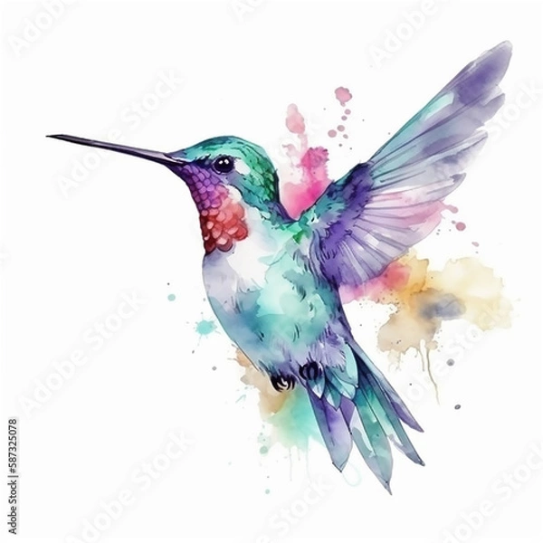 Obraz Blue watercolor flying hummingbird. AI generated content