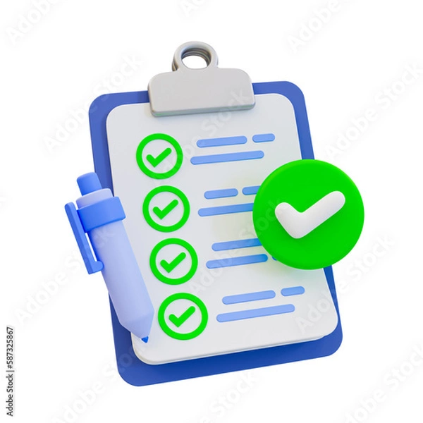 Fototapeta 3d minimal To-do list complete. Goal achievement success. Checklist success. checklist clipboard with a checkmark. 3d illustration.