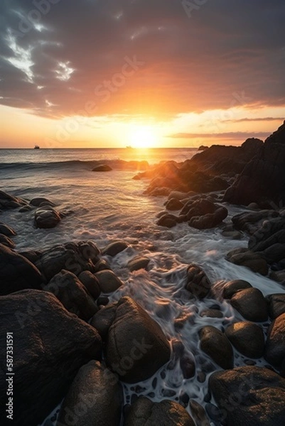 Fototapeta Rocky beach dramatic sunset. Generative AI vertical shot
