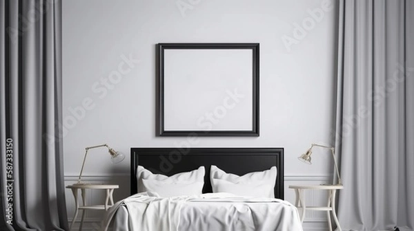 Fototapeta A big blank Framed poster mockup above a double-size bed with furniture of minimal grey-white tone, A comfort bedroom with a small plant and lamp, and A mockup for Abstract Art