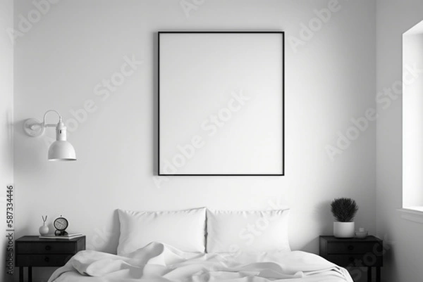 Fototapeta Blank frame on White Wall in bedroom. Template for Design. Mock Up. AI generated