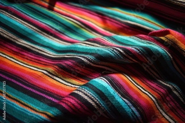 Fototapeta Mexican blanket, bright color stripe pattern, ethnic fabric, Cinco de Mayo decoration. Colorful fabric background. Generative AI