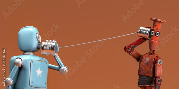 Fototapeta Retro two robots talking on tin can phones. 3d render