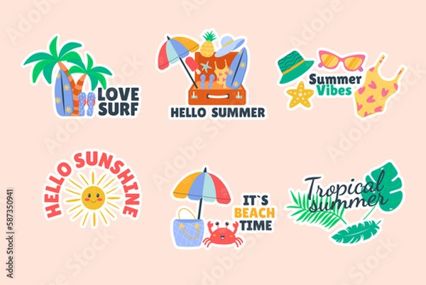 Fototapeta Summer set of doodle badge label design with lettering