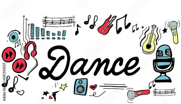 Fototapeta Dance text surrounded by various colorful vector icons