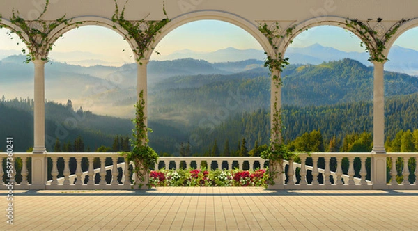 Obraz Panoramic view from the terrace over the mountain range and dense forest. Terrace with columns and balustrade on a sunny morning.