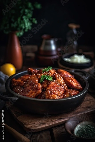 Fototapeta Chunks of chicken in a spicy sauce and sesame seeds. From a series of Food Korean cuisine. Generative Ai