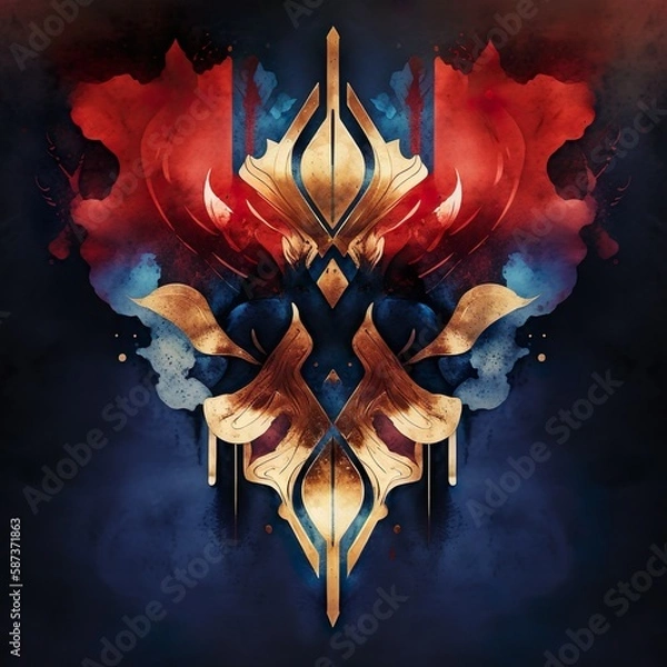 Obraz Abstract watercolor Rorschachach ink blot test.  Red and indigo blue Art Deco background with flaming copper fire and gold details.  Generative AI