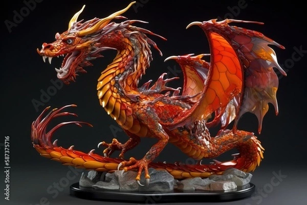 Fototapeta  a statue of a red and yellow dragon on a black background with a black background and a black background with a black background and a black background.  generative ai