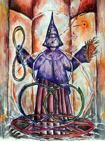 Fototapeta The magician creates a magical ritual. A sketch of the figure of a man in a long hat.
