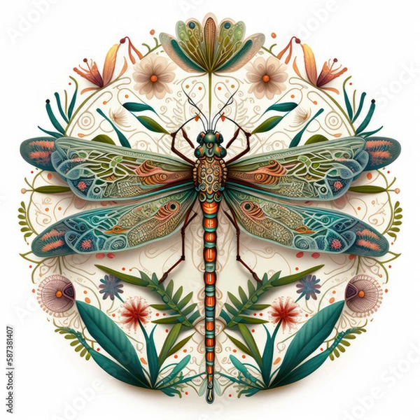 Fototapeta Colorful detailed dragonfly mandala art on a white background. Created with Generative AI technology.