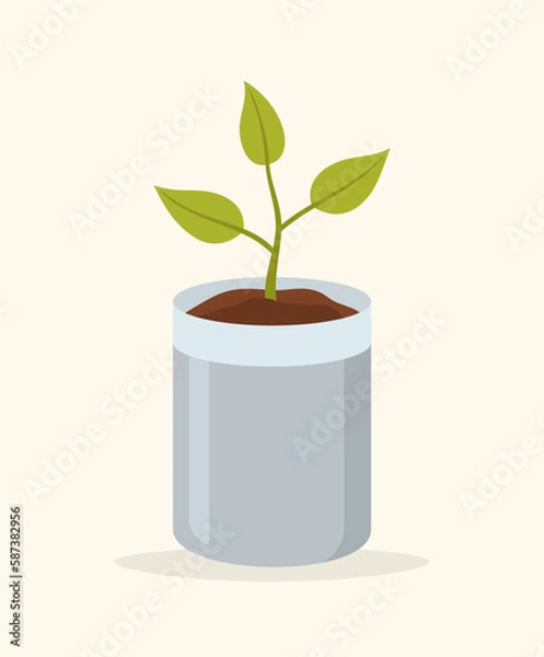 Fototapeta A seedling in a bag with soil on a beige background. Flat vector illustration