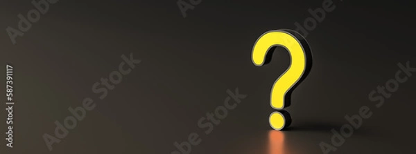 Fototapeta Yellow question mark on black background with empty copy space on left side, FAQ Concept. 3D Rendering