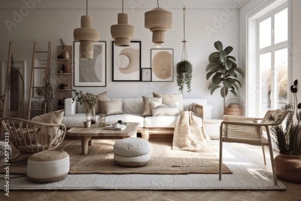 Fototapeta Scandi–Boho living room, light and expansive. Generative AI