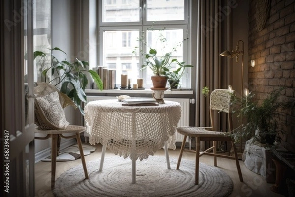 Fototapeta There's a white chair and table. Beige crocheted plaid covers the table. Magazine, the table has tea and a plant. High quality vertical interior picture. Generative AI