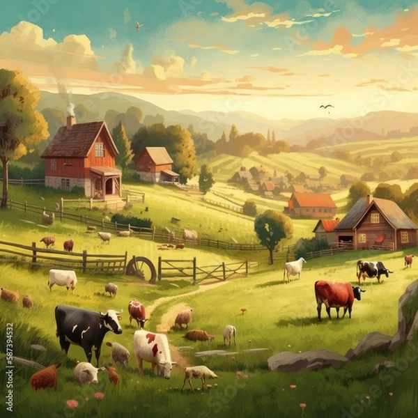 Obraz  Rustic farm with barn and animals grazing