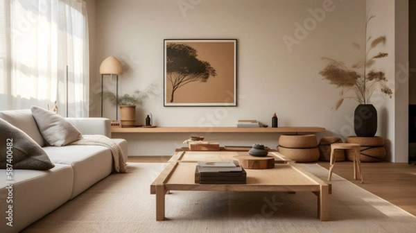 Fototapeta living room interior in scandi Japanese style, created with generative AI