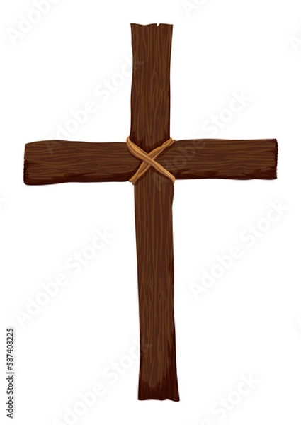 Fototapeta Wooden Christian cross attached with strings in cartoon style, Vector illustration