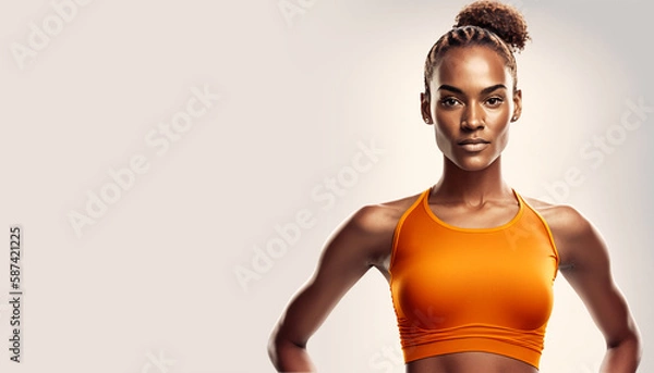 Fototapeta Afroamerikanische Leichtathletin in orangem Outfit vor neutralem Hintergrund, generative KI