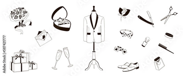 Obraz set  items needed for a groom to look his best in wedding day, black and white vector illustration
