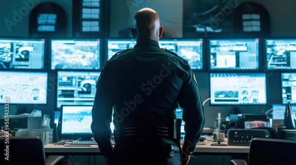 Obraz Quick Response to Emergencies, A Dedicated Police Man Working in a 911 Call Center, Generative AI