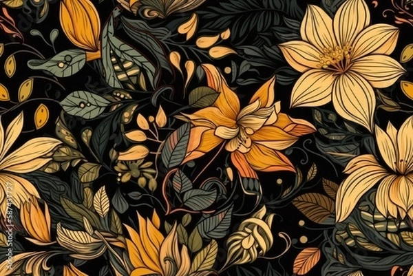 Obraz yellow and white flowers on a black background. Generative AI